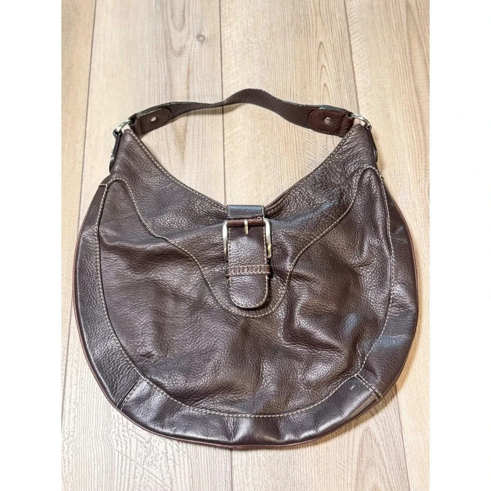 Michael Kors Brown Pebbled Leather Hobo Bag Buckle Detail Contrast Stitching